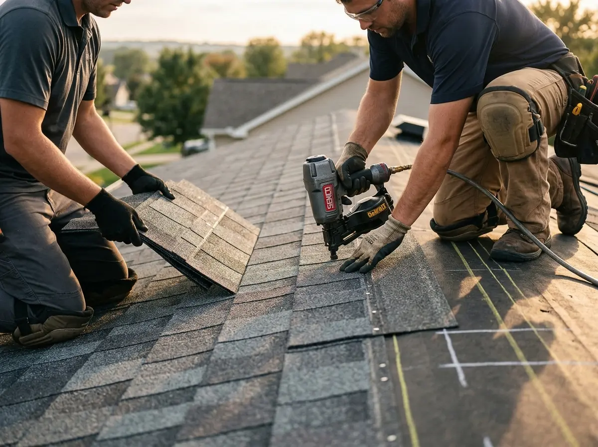 Professional roofer working on a residential roof in Novato